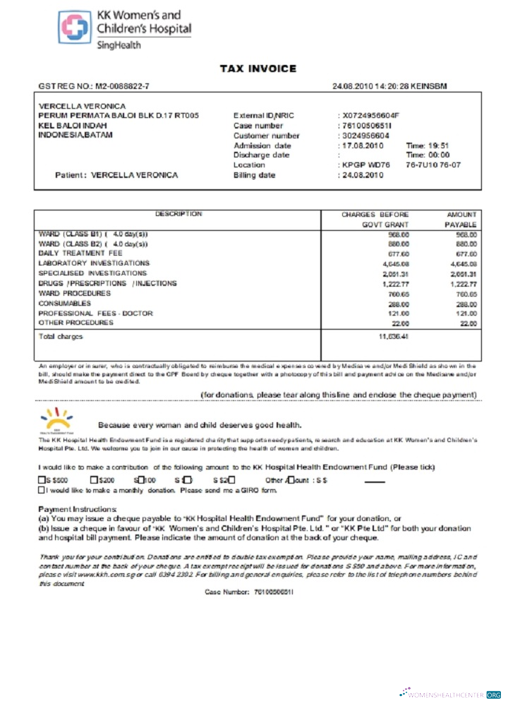 Download Singapore KK Women’s and Children’s Hospital tax invoice Photoshop template